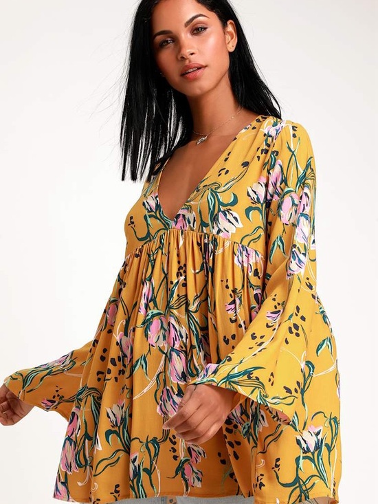Free People Tops - 58. | Free People | Bella Golden Yellow Floral Print Tunic | M